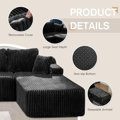 Hobestluk Boneless Couch Modular Sectional Sofa L-Shape Oversized Chaise | 108" Right Facing Chaise Black,Memory Foam,Removable Cover,Non-slip Bottom,No Assemble Required,Living Room Furniture