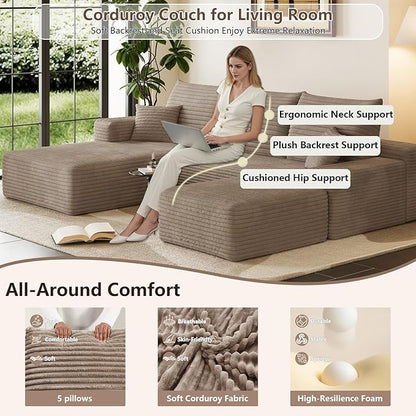 95" Cloud Sectional Couch U-Shaped Chaise with Ottoman, Corduroy Boneless Couch for Living Room Bedroom, Deep-Seat Upholstered Modular Cloud Sofa, No Assembly Required (Camel, Left Facing Chaise)