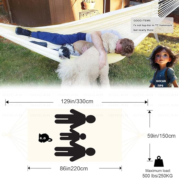 Double Hammock 500 lbs Load Capacity, Polyester Cotton Hammock, Suitable for Patio Porch, Garden and Backyard Relaxation, Indoor & Outdoor Use (Beige)