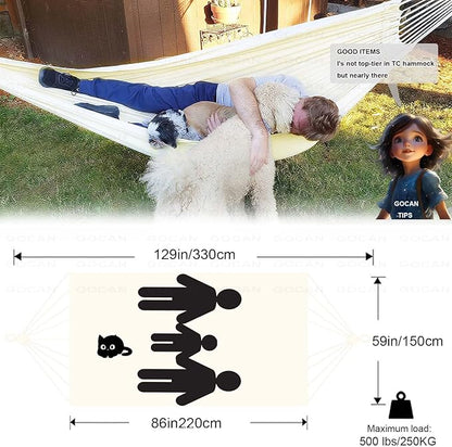 Double Hammock 500 lbs Load Capacity, Polyester Cotton Hammock, Suitable for Patio Porch, Garden and Backyard Relaxation, Indoor & Outdoor Use (Beige)
