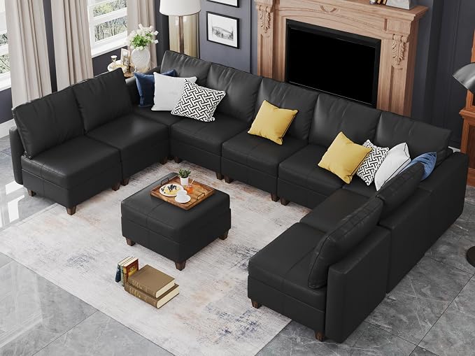 EASE MOOSE Faux Leather Sectional Sofa, Modular Sectional Sofa Couch U Shaped Couch with Storage Ottoman, Black