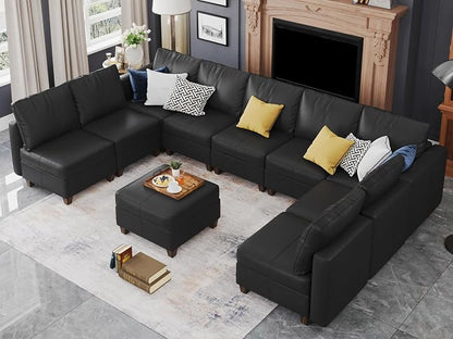 EASE MOOSE Faux Leather Sectional Sofa, Modular Sectional Sofa Couch U Shaped Couch with Storage Ottoman, Black
