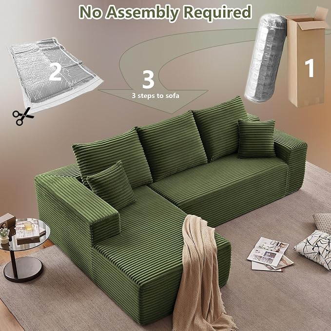 107" Cloud Sectional Couch with L-Shape Chaise, Modern Modular Comfy Sofa with Deep Seat, Upholstered Corduroy Couches Sleeper Chaise Longue for Living Room Bedroom, No Assembly Required, Green