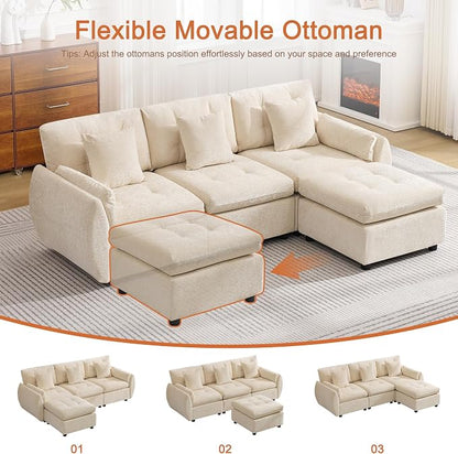 84" L Shaped Modular Sectional Cloud Sofa with Ottoman, Deep Seat Tufted Chenille 4-Seater Couch with Curved Arms, Beige