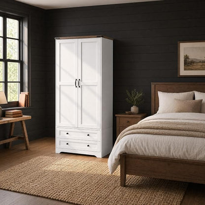 Yechen 71" Wooden Armoire Wardrobe Closet - Modern Functional Clothes Tall Storage Cabinet with Adjustable Shelf and Hanging Rail, Sturdy Freestanding Closet Wardrobe with 2 Wide Drawers for Bedroom