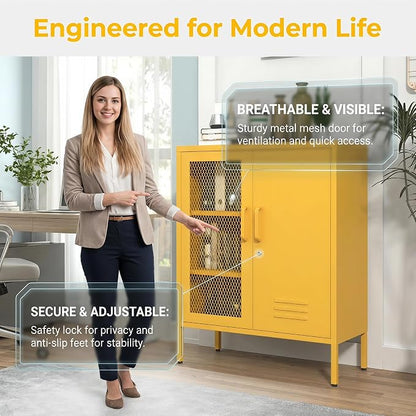 Locking Steel Storage Cabinet Shoe Cabinet for Living Room Bathroom Kitchen Left Wire Mesh Door Right Iron Door Yellow Size：33" H x 29.5" W x 13.8" D
