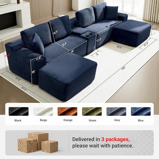 ivoros 150 Inch Modular Sectional Sofa Couch, Oversized Modern Cloud Couch for Living Room, U Shape Couches with 2 Ottomans, USB Ports and Cup Holders, Blue Corduroy Boneless Sofas,Sofa in a Box