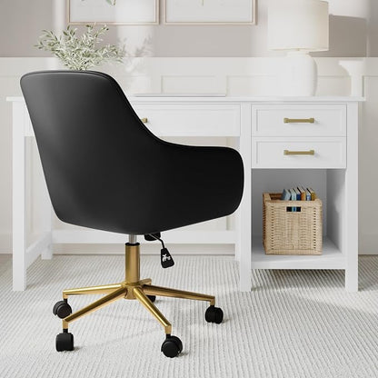 Martha Stewart Rayna Swivel Task Chair with Flared Arms for Home Office in Black Faux Leather with Polished Brass Frame