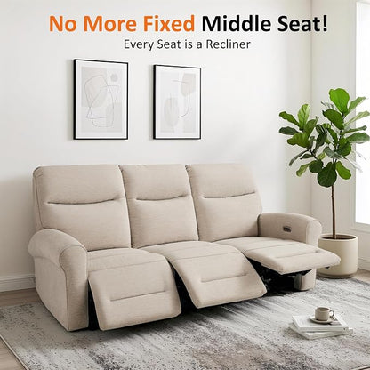 MCombo 87.8" Wall Hugger Power Reclining Sofa, 3-Seat Triple Recliner Couch with USB Ports, Rolled Arm Space Saving Recliner Sofa for Living Rooms Apartments RV, Fabric PR635M5 (Beige)