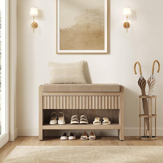SICOTAS 31.3”W Fluted Entryway Shoe Bench with Cushion & Drawer, Light Oak | Modern Fluted Design, 300 lb Capacity, 19.69"H Ergonomic Seat, Spacious Drawer, Open Shoe Storage, Multi-Room Use