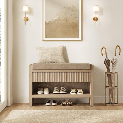 SICOTAS 31.3”W Fluted Entryway Shoe Bench with Cushion & Drawer, Light Oak | Modern Fluted Design, 300 lb Capacity, 19.69"H Ergonomic Seat, Spacious Drawer, Open Shoe Storage, Multi-Room Use