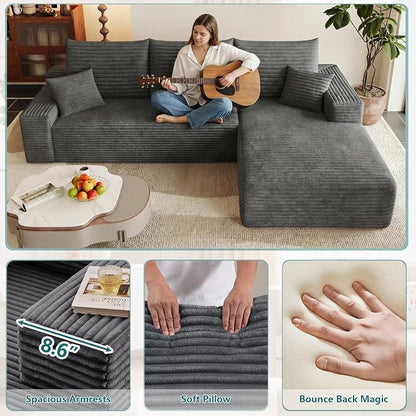 95" Modular Sectional Couch, Boneless L Shaped Cloud Sofa with Chaise Lounge, Corduroy Upholstered Couches Memory Foam Deep Seat, No Assembly Required, Ideal for Living Room(Dark Gray, Right Facing)