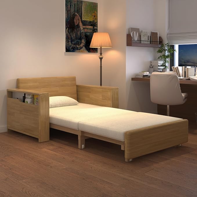 48" Natural Wood Tone Solid Wood Frame, 3-in-1 Sleeper Sofa with Storage | Solid wood sofa for living rooms, apartments & offices — single-size, it works as a guest bed to maximize small space.