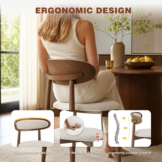 Wooden Dining Chairs Set of 4, Modern Fabric Upholstered Dining Room Chair, Kitchen Side Chairs, Farmhouse Dinner Chair with Curved Back for Kitchen, Beige