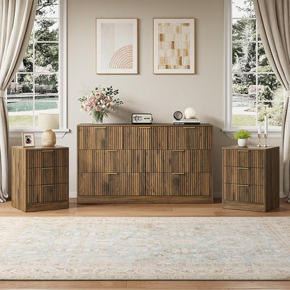 7 Drawer Dresser & Nightstand Set, 3-Piece Fluted Bedroom Dresser and Night Stand Set of 2 with Metal Handle, Modern Wood Chest of Drawers Storage Dressers Set for Bedroom, Walnut