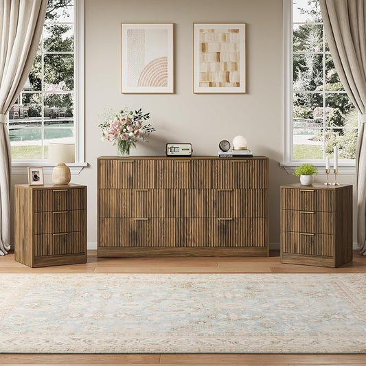 7 Drawer Dresser & Nightstand Set, 3-Piece Fluted Bedroom Dresser and Night Stand Set of 2 with Metal Handle, Modern Wood Chest of Drawers Storage Dressers Set for Bedroom, Walnut