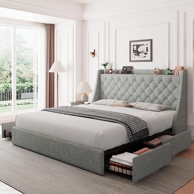 Feonase King Size Bed Frame with 4 Storage Drawers, Storage Bed with Charging Station, Tufted Wingback Headboard, No Box Spring Needed, Light Grey
