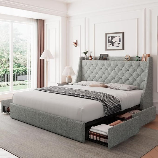 Feonase King Size Bed Frame with 4 Storage Drawers, Storage Bed with Charging Station, Tufted Wingback Headboard, No Box Spring Needed, Light Grey