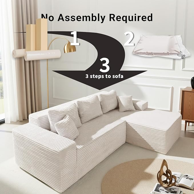 Claiks 104" Boneless Couch, Cloud Couch Sectional, L-Shape Corduroy Modular Sectional Sofa Deep Seat, Upholstered Couches for Living Room, No Assembly Required, Beige, Right Facing Chaise