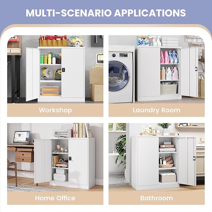Metal Storage Cabinet，Garage Storage Cabinet with 2 Lockable Doors and 2 Adjustable Shelves, 36'' Steel Tool Cabinet for Garage, Office, Home, School(White)