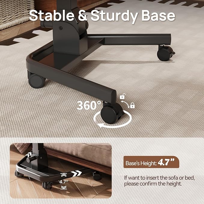Foldable Mobile Standing Desk, Pneumatic Height Adjustable Rolling Sit Stand Desk, 90° Tiltable Portable Laptop Cart on Wheels, Mobile Desk Workstation for Home Office, Easy to Fold