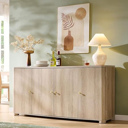 IFGET Curved Buffet Cabinet with Doors, 66" Large Sideboard Buffet Storage Cabinet with 4 Doors and Shleves, Modern Coffee Bar Station Wood Kitchen Table for Kitchen, Dining Room, Light Grey