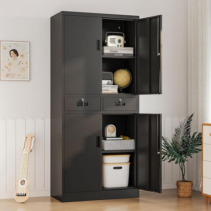 Wanfu Metal Storage Cabinet, 71" Locking Storage Cabinet with Adjustable Shelves and 2 Drawers, Steel Cabinets for Office, Garage, Home, School, Utility Room(Black)