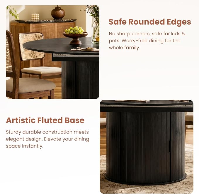 47''-63'' Extendable Round Dining Table for 4-6, Round Dining Room Table with Hidden Storage, Modern Wooden Kitchen Table with Fluted Sliding Door Cabinet for Dining Room Kitchen, Black
