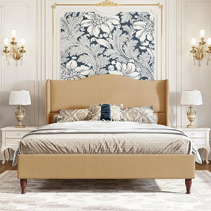 koorlian Queen Upholstered Bed Frame with 51'' Tall Headboard, Warm Brown | Reinforced Platform Bed, Easy Assembly, Soft Fabric, Sleigh Wingback, Solid Wood Retro Legs, Noise-Free, Classic & Simple