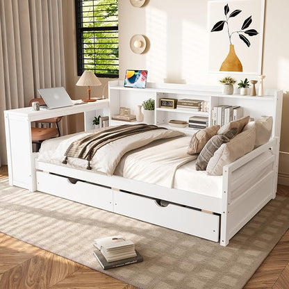 Bellemave Twin Corner Bed Frame with Desk and Storage Shelves,Charging Port, Wood Twin Size Daybed with Bookcase and Drawers, White