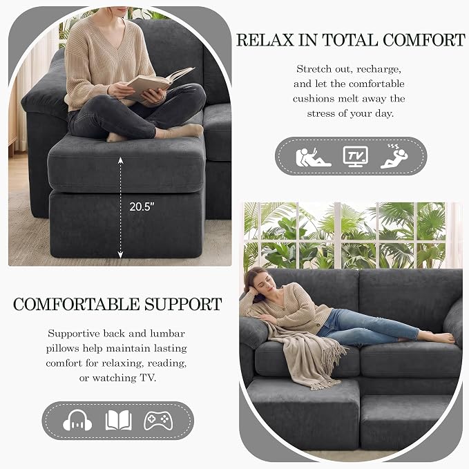 L Shaped Boneless Couch, Modern Loveseat Sofa with Ottoman, Floor Cloud Couch Sets with Extra Comfy Soft Deep Seats for Living Room, Apartment, No Assemby, Dark Gray