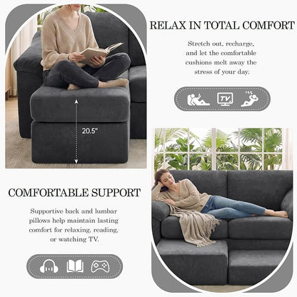 L Shaped Boneless Couch, Modern Loveseat Sofa with Ottoman, Floor Cloud Couch Sets with Extra Comfy Soft Deep Seats for Living Room, Apartment, No Assemby, Dark Gray