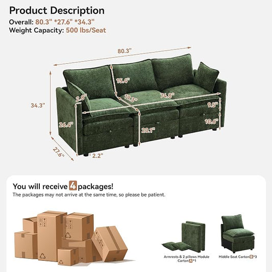 80" Cloud Modular 3 Seater Sofa with Storage, Modern Upholstered Storage Sofa Couch Deep Seat, Sectional Sofa Chenille Comfy Couch with Armrests for Living Room, Small Space, Green