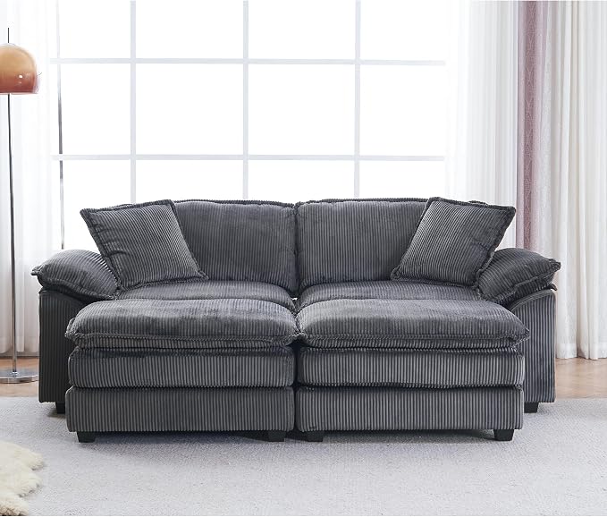 84.6” Corduroy Loveseat with Ottoman, Oversized Double Chaise Lounge Chair Indoor Deep Seat Two Seater Couch Cloud Couch Modular Sectional Sofa for Living Room(Corduroy Grey)