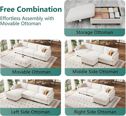 Modular Sectional L Shaped Sofa Couches for Living Room, Cloud Couch with Storage Ottoman, Comfy Chenille Sofa with Pillow, Beige