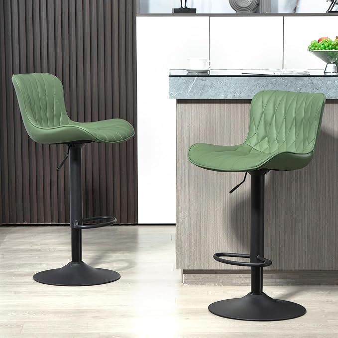 Finnhomy Bar Stools Set of 2, Modern 360° Swivel Faux Leather Bar Stools, 24"-32.5" Seat Height with Back, 330 lbs Capacity, SGS Gas Lift, Upholstered Kitchen Chairs for Kitchen Island, Green