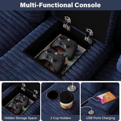 143" Oversized U Shaped Cloud Sectional Couches for Living Room, Comfy Fluffy Corduroy Blue Boneless Couch, Large Modular Sectional Sofa Set with Chaise, Cup Holder, USB Port, Storage Console