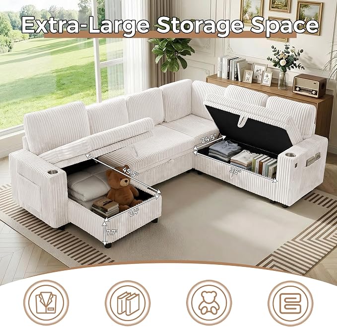 Sectional Sleeper Sofa with Pull Out Bed, 7 Seats U Shaped Sleeper Sofa with Storage Chaise, USB Ports, Cup Holders, Plush Corduroy Sectional Couch for Living Room, Beige