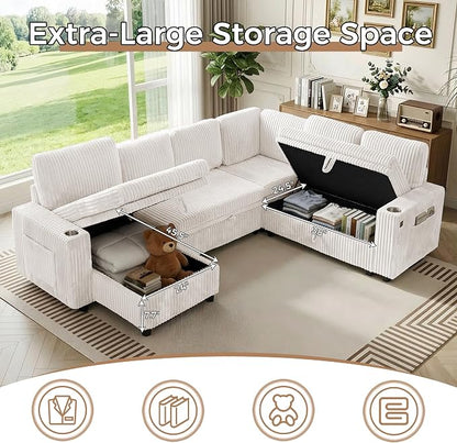 Sectional Sleeper Sofa with Pull Out Bed, 7 Seats U Shaped Sleeper Sofa with Storage Chaise, USB Ports, Cup Holders, Plush Corduroy Sectional Couch for Living Room, Beige