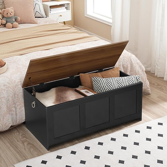 HOOBRO Storage Bench, 39.3" Retro Wooden Storage Chest, Wooden Storage Trunk, Toy Chest with Lift Top, Multifunctional Entryway Organizer, for Entryway, Living Room, Black and Walnut BH141CW01G1