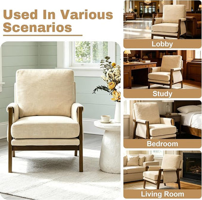 RNKSFX Beige Accent Chair for Bedroom & Living Room, Mid Century Modern Accent Arm Chair, Upholstered Anthropologie Accent Chair with Solid Wood Frame, Fabric