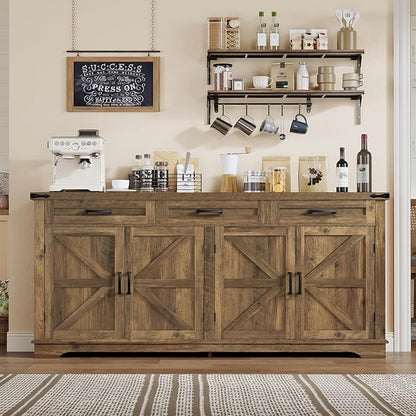 usikey 61" Large Buffet Cabinet with 4 Doors and 3 Drawers, Farmhouse Buffet Sideboard Cabinet with Storage, Coffee Bar Wine Bar for Living Room, Honey Brown