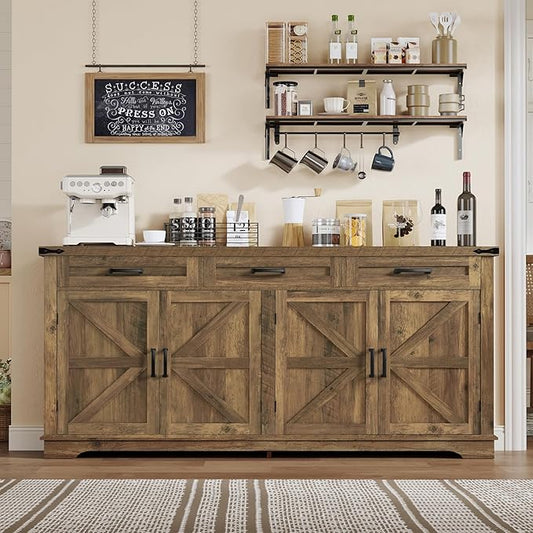 usikey 61" Large Buffet Cabinet with 4 Doors and 3 Drawers, Farmhouse Buffet Sideboard Cabinet with Storage, Coffee Bar Wine Bar for Living Room, Honey Brown