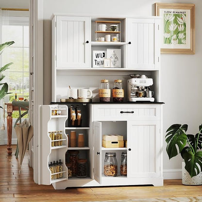 Gizoon Kitchen Pantry Cabinet with Microwave Shelf Tall Coffee Bar Cabinet with Doors and Shelves Farmhouse Kitchen Hutch with Storage for Dining Room and Craft Room, Painted White and Black