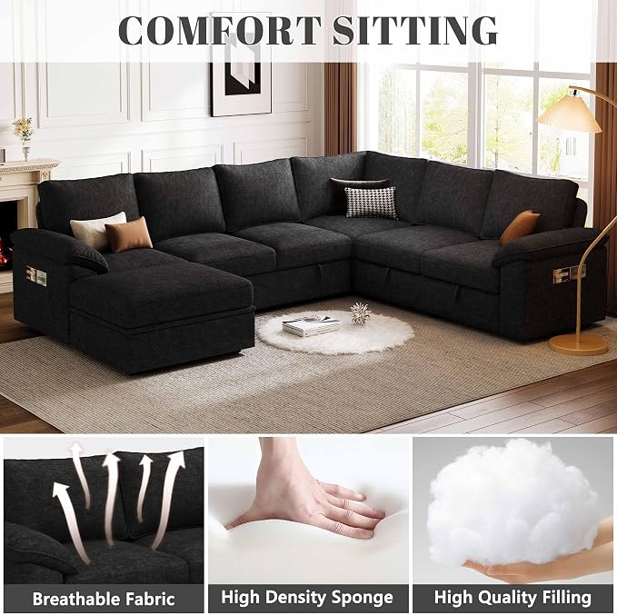 108 Inch Modular Sectional Sofa with Pull Out Bed, U Shaped 7 Seat Sectional Sleeper Sofa with Storage, Sectional Couches for Living Room,Cloud Modular Couch, Removable Sofa Cover, Black