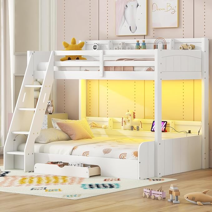 Wood Bunk Bed Twin Over Full Size with Built-in Storage Shelves and Charging Station, Versatile Bunk Bed Frame with Ladder and Guardrail for Kids Teens Adult, Maximize Space (White-5.6)
