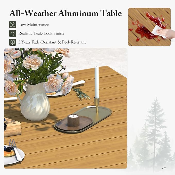 PURPLE LEAF 11 Pieces Patio Dining Set with Waterproof Furniture Cover Rectangular Table and Chairs Set for Garden Deck Aluminum Frame Backyard Kitchen Set, Cushions and Pillows Included Teak