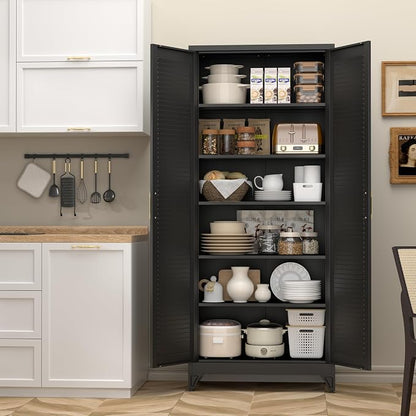 SteeLoong Kitchen Pantry Cabinet,75" Metal Storage Cabinet with Doors and 5 Adjustable Shelves,Black Tall Locker Organizer Steel Garage Cabinets for Tool,File Cabinet for Office,Kitchen,Garage,School