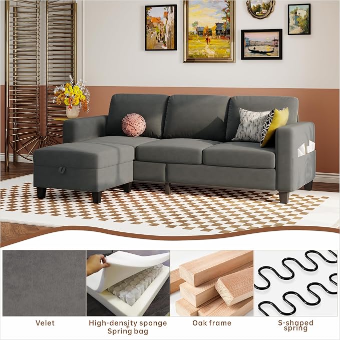 Youmumeub 78" Sectional Sofa Couches for Living Room, 3 Seat L Shaped Convertible Couch with Storage Ottoman, Comfortable Pet-Friendly Velvet Fabric Sofa Set for Small Space, Apartment, Office, Blue