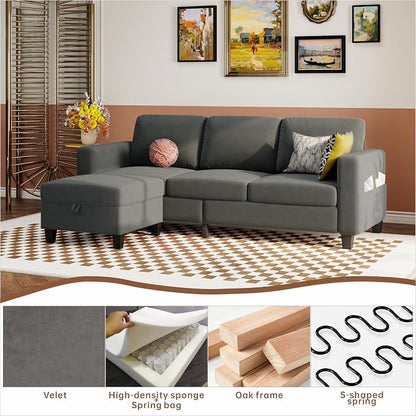 Youmumeub 78" Sectional Sofa Couches for Living Room, 3 Seat L Shaped Convertible Couch with Storage Ottoman, Comfortable Pet-Friendly Velvet Fabric Sofa Set for Small Space, Apartment, Office, Blue